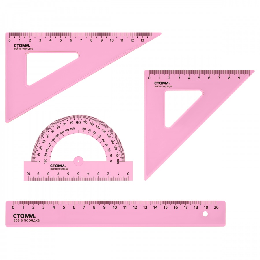 Набор чертежный Стамм, размер M (линейка 20см, 2 треугольника, транспортир), прозрачный, неон (НЧ-30521)