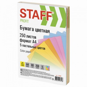 Бумага цветная А4 Staff color пастель, 5 цветов по 50 листов, 80 г/кв.м, 250 листов (110890)