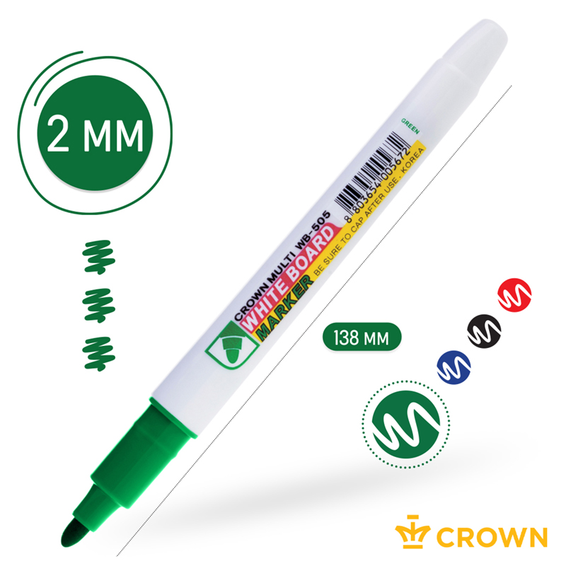 Маркер для досок Crown Multi Board Slim (круглый наконечник, 2мм, зеленый) (WB-505)