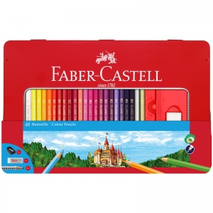 Карандаши цветные 48 цветов Faber-Castell (6гр, с точилкой и ластиком) метал. коробка (115888), 18 уп.