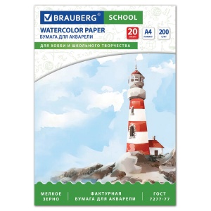 Папка для акварели А4, 20л Brauberg School (200 г/кв.м, индивидуальная упаковка) 5 уп. (114301)