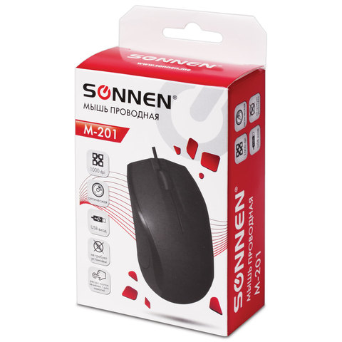 Мышь оптическая проводная Sonnen М-201, USB, черная (512631)