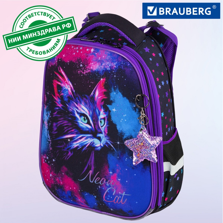 Ранец школьный Brauberg Premium, 2 отделения, с брелком, &quot;Neon cat&quot;, 38х29х16см (271352)