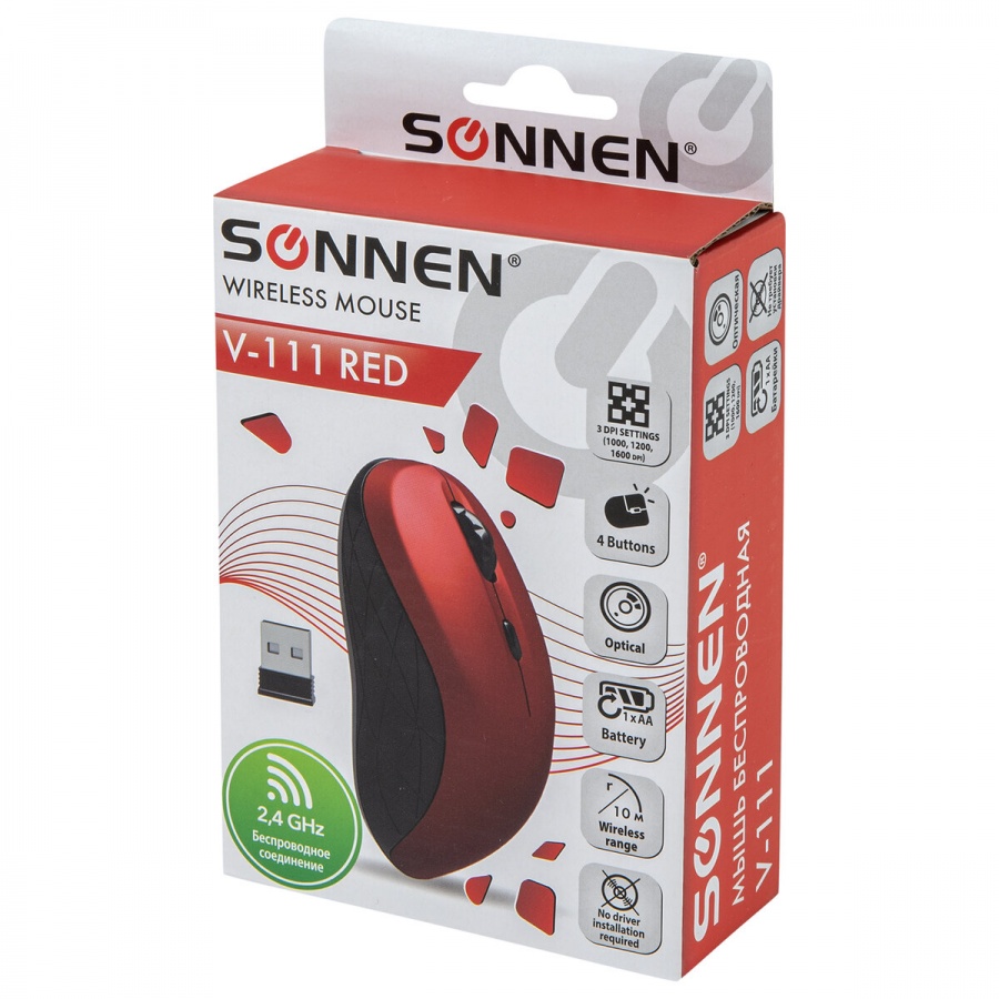 Мышь оптическая беспроводная Sonnen V-111, USB, 4 кнопки, оптическая, красная (513520)