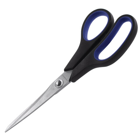 Ножницы Brauberg Soft Grip 216мм, асимметричные ручки, остроконечные, серо-зеленые (230763)