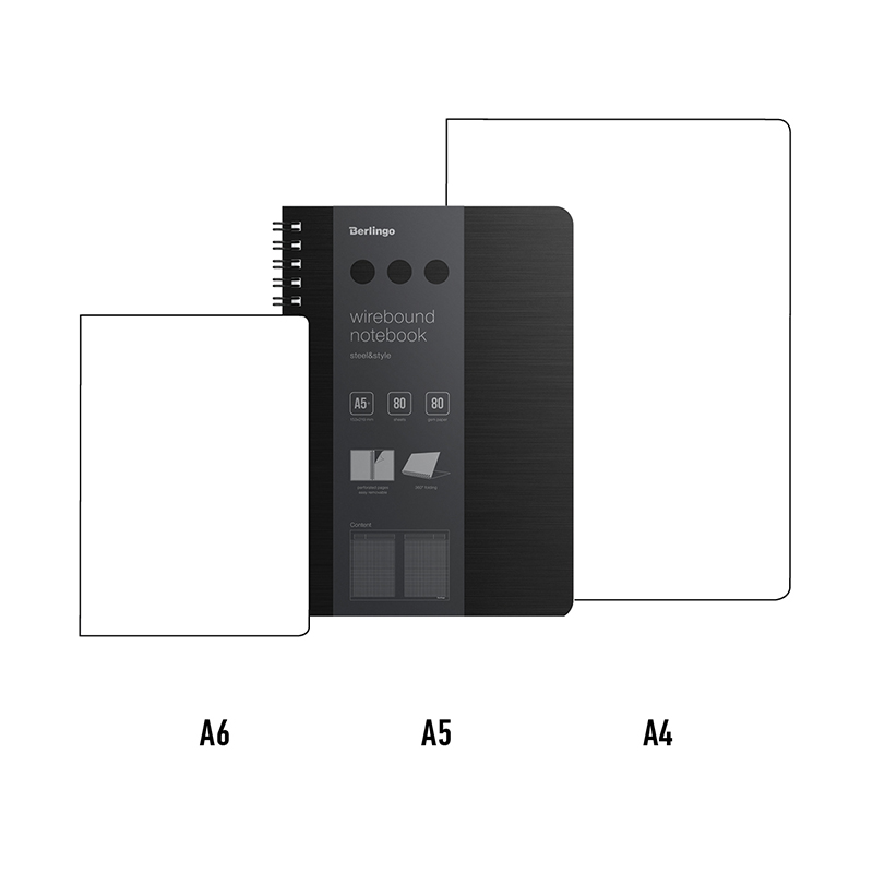 Бизнес-тетрадь А5 Berlingo Steel&Style, 80 листов, клетка, на гребне, линейка-закладка, черная (WNt_A5001), 24шт.