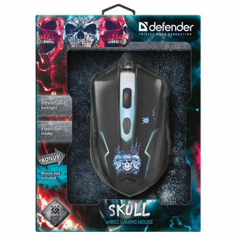 Мышь оптическая проводная игровая Defender Skull GM-180L, USB, 5 кнопок + 1 колесо-кнопка, черная, 2шт. (52180)