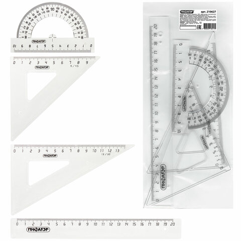 Набор чертежный средний Пифагор (линейка 20см, 2 треугольника, транспортир) прозрачный бесцветный (210627)